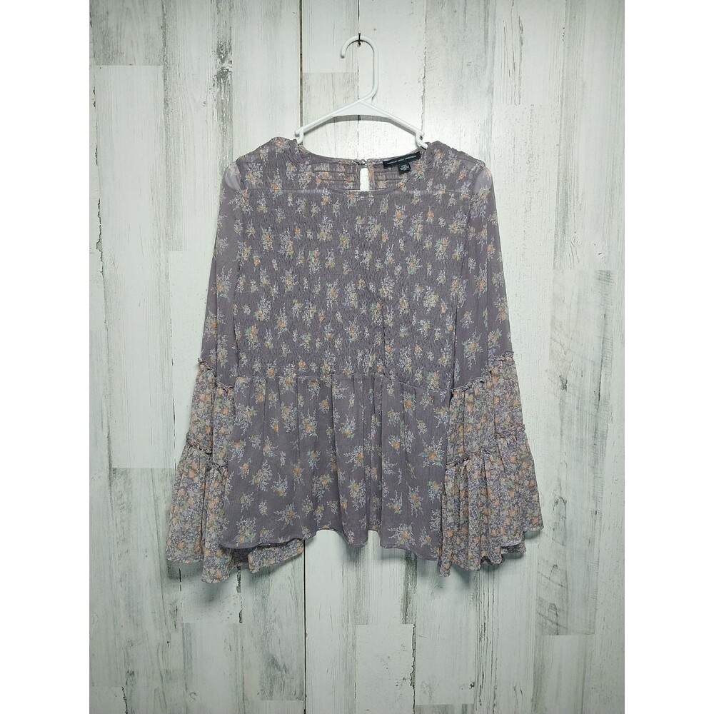 American Eagle Small Sheer Purple Floral Boho Peasant Blouse Bell Sleeve Fairy
